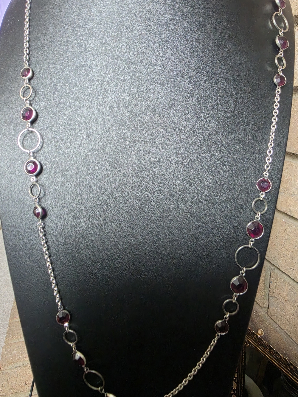 Long Silver Chain Necklace with Deep Purple Gem Accents